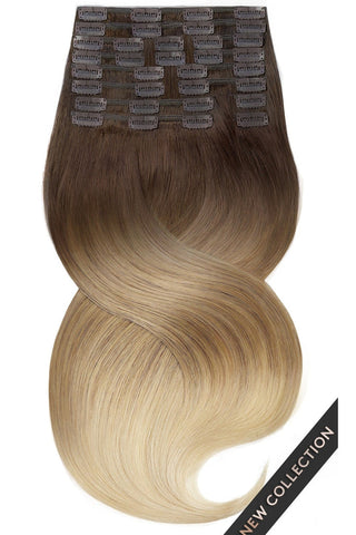 CLIP-IN EXTENSIONS LUXURY QUALITÄT SOMBRE-BALAYAGES  Schoko-Dunkelbraun & Honigblond.