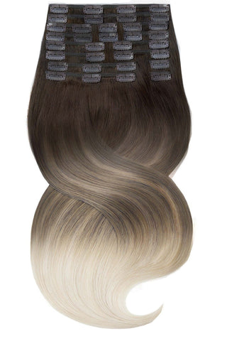CLIP-IN EXTENSIONS LUXURY QUALITÄT DELUXE SOMBRE BALAYAGE Schoko-Dunkelbraun & Platinblond.