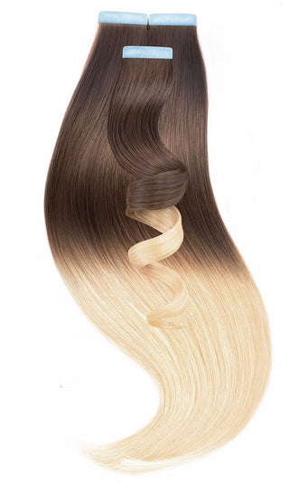 TAPE-IN EXTENSIONS ECHTHAAR, SOMBRÉ-BALAYAGES, Schoko-Dunkelbraun & Platinblond.