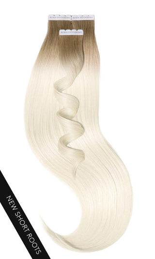 TAPE-IN EXTENSIONS ECHTHAAR, Kurzer Ansatz, Shadowed Blonde ( on Top Light Honigblond plus Platinblond).