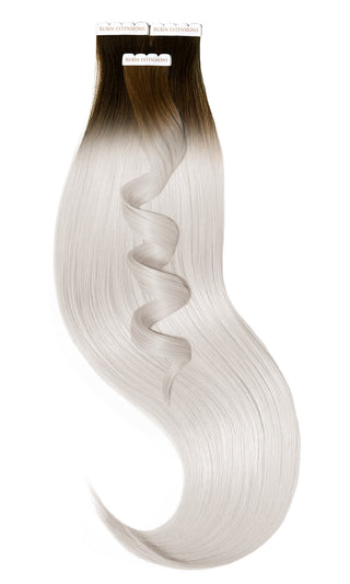 TAPE-IN EXTENSIONS ECHTHAAR  Kurzer Ansatz, Schoko-Dunkelbraun & Silberblond
